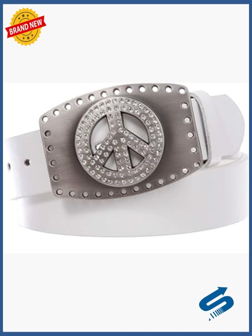 Peace Symbol Rhinestone Snap On Buckle Leather Belt 1.5"